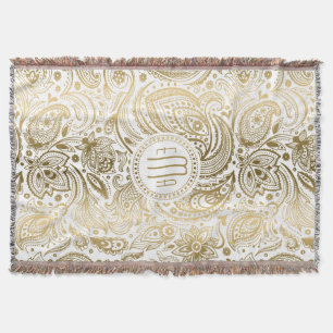 Cobertor Paisley Floral Dourado E Branco Monograma