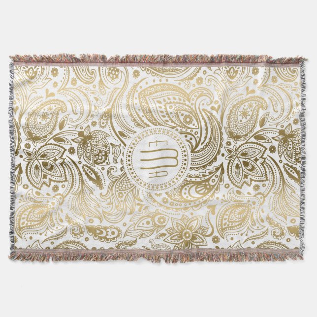 Cobertor Paisley Floral Dourado E Branco Monograma (Frente)