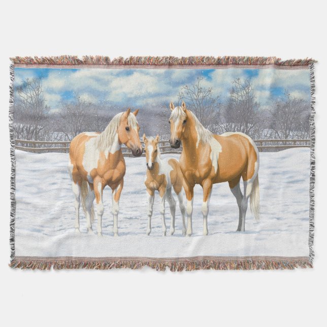Cobertor Palomino Pinto Pintar Cavalos Quarto Na Neve (Frente)