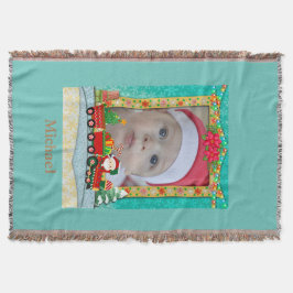 Cobertor Papai Noel em trem com presentes e árvore de Natal