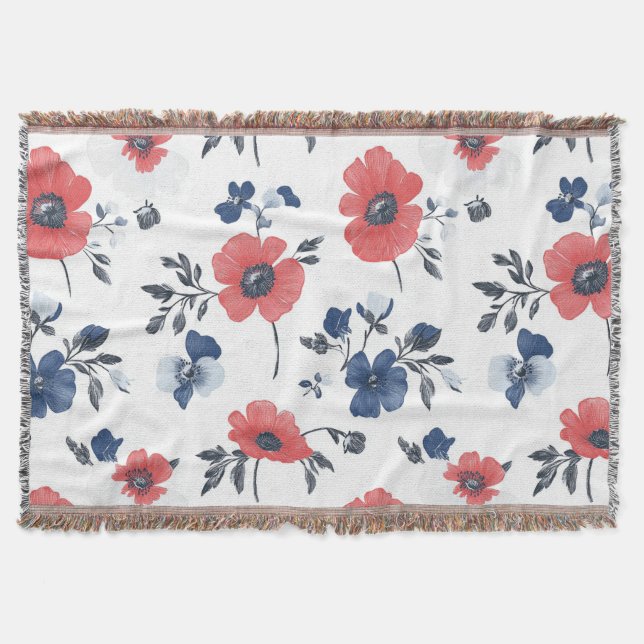 Cobertor Papoula Coral Naval Botânica Floral (Frente)