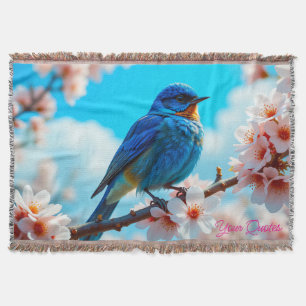 Cobertor Pássaro Azul Azure em Galho de Flor de Cerejeira