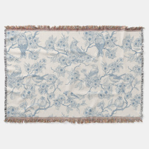 Cobertor Pássaros e flor de cerejeira em azul e branco esma
