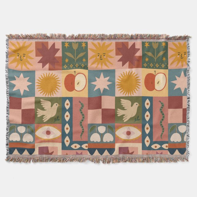 Cobertor Patchwork celestial boêmica com símbolos místicos (Frente)