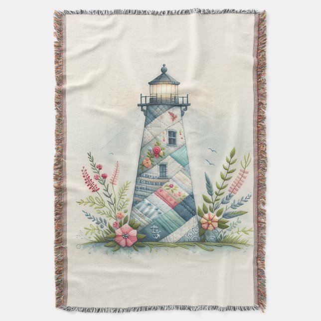 Cobertor Patchwork Lighthouse Coastal Floral Scene (Frente Vertical)