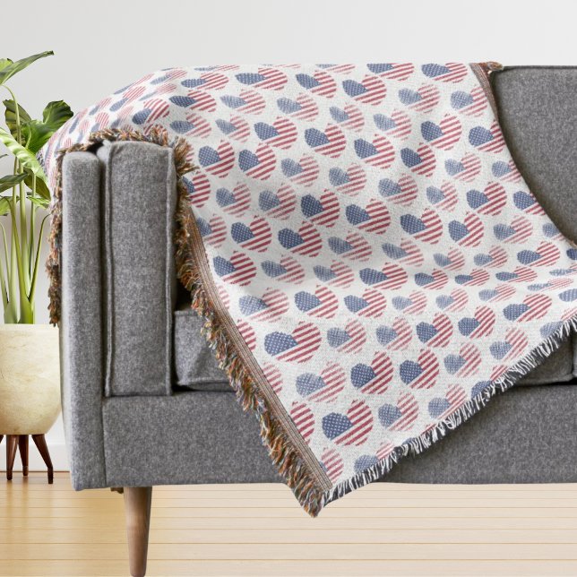 Cobertor Patriótico Azul Branco da bandeira americana (Cute Patriotic American Flag Rustic Heart Pattern Throw Blanket)
