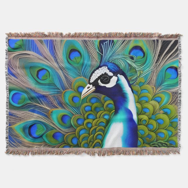 Cobertor Peacock Branco Azul e Verde (Frente)