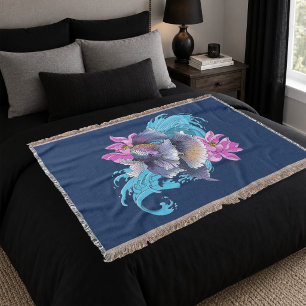 Cobertor Peixe Lutador Betta Siameses Ondas de Lótus Azul