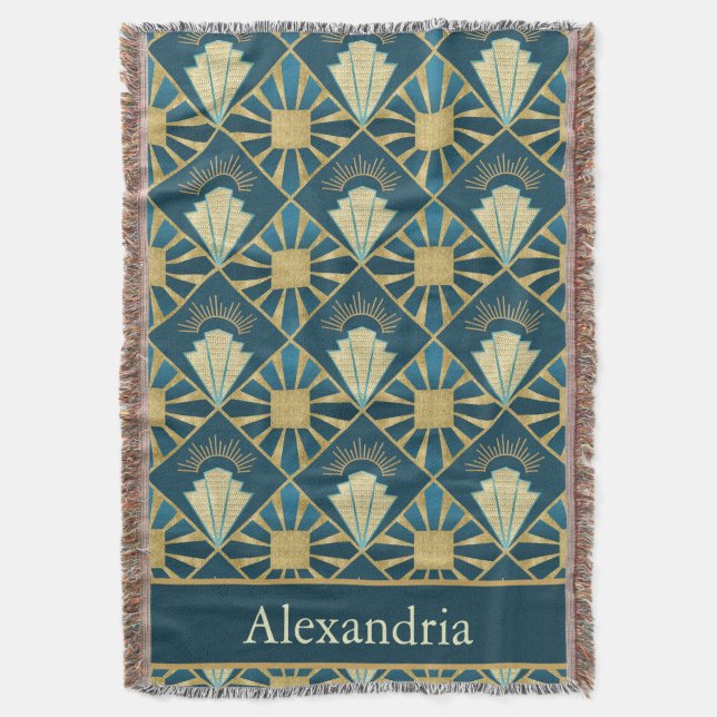 Cobertor Personalized Art Deco Teal & Gold Geometric Name  (Frente Vertical)