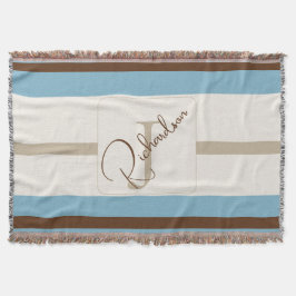 Cobertor Personalized Blue Brown Stripe Monogram Coastal