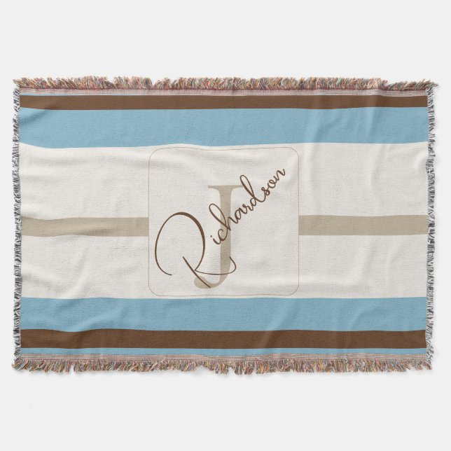 Cobertor Personalized Blue Brown Stripe Monogram Coastal  (Frente)