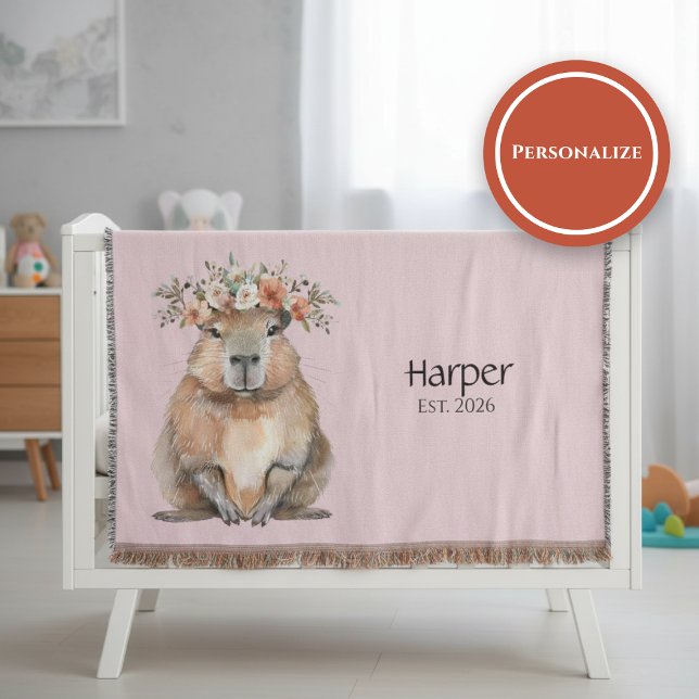 Cobertor Personalized Nursery Blanket • Capybara Baby Decor (Watercolor nursery blanket with capybara and floral crown on soft neutral background)
