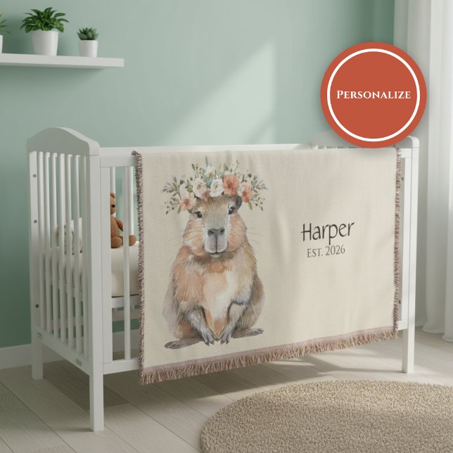 Cobertor Personalized Nursery Blanket • Capybara Baby Decor (Watercolor nursery blanket with capybara and floral crown on soft neutral background)