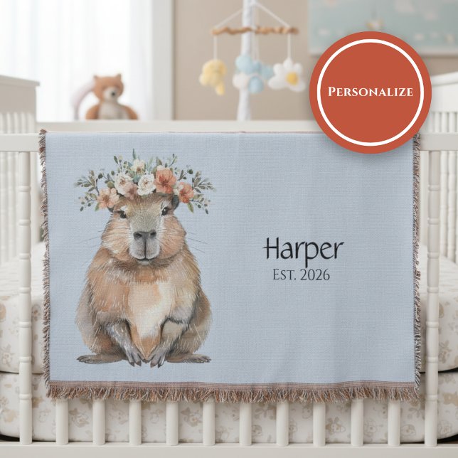Cobertor Personalized Nursery Blanket • Capybara Baby Decor (Watercolor nursery blanket with capybara and floral crown on soft neutral background)