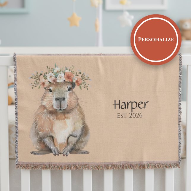 Cobertor Personalized Nursery Blanket • Capybara Baby Decor (Watercolor nursery blanket with capybara and floral crown on soft neutral background)
