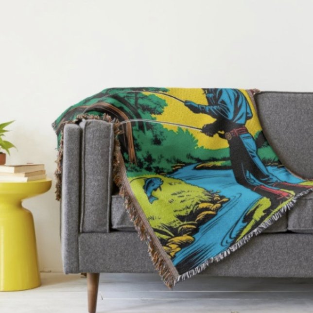 Cobertor Pescador Caubói na Margem do Rio  (Retro Cowboy Fishing Riverside Scene blanket - soft and colourful available  in 3 different sizes. )