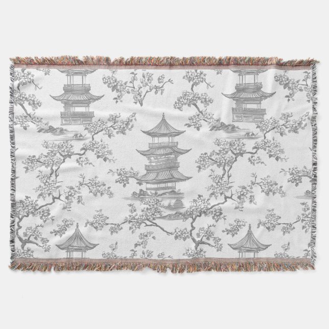 Cobertor PixDezine Pagodes de Grey Chinoiserie Flores de Ce (Frente)