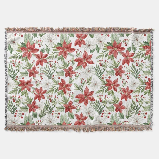 Cobertor Poinsettia de Natal em Vermelho e Branco  (Frente)