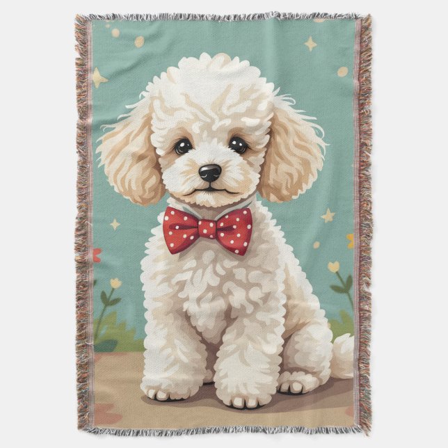 Cobertor Poodle branco adorável com gravata borboleta (Frente Vertical)