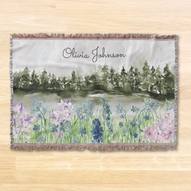 Cobertor Prado de Flores Roxas Azuis Aquarela na Montanha (In situ on wood floor)