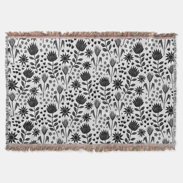 Cobertor Protea Floral Impressão Millefleur preto branco (Frente)