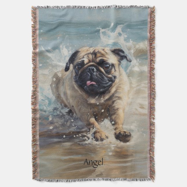Cobertor Pug Feliz na Praia personalizável (Frente Vertical)