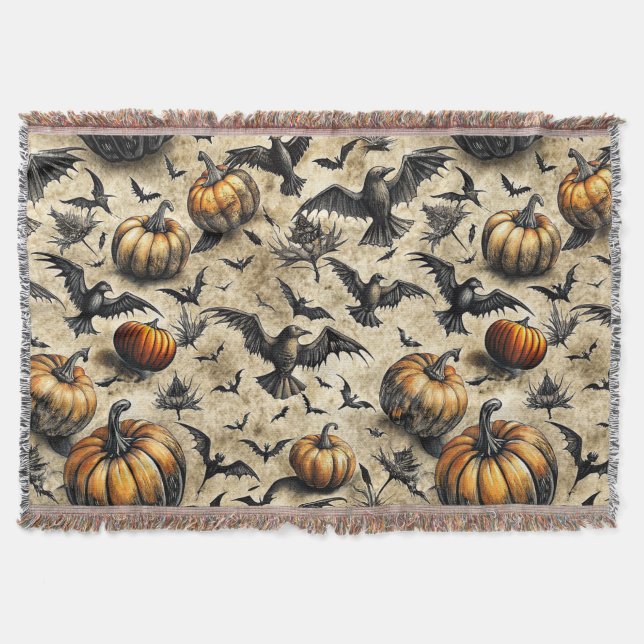 Cobertor Pumpkins, Crows e Bats Halloween Padrão (2) (Frente)