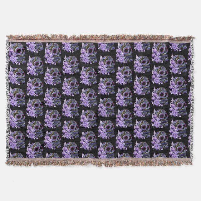 Cobertor Purple Floral Black Sugar Skull Dia Dos Mortos (Frente)
