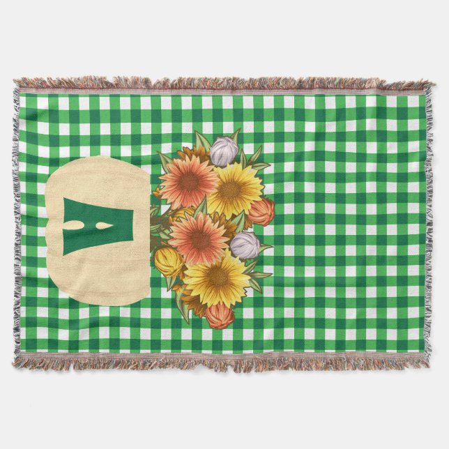 Cobertor Queda de Autumn Sunflower & Pumpkins Green Gingham (Frente)