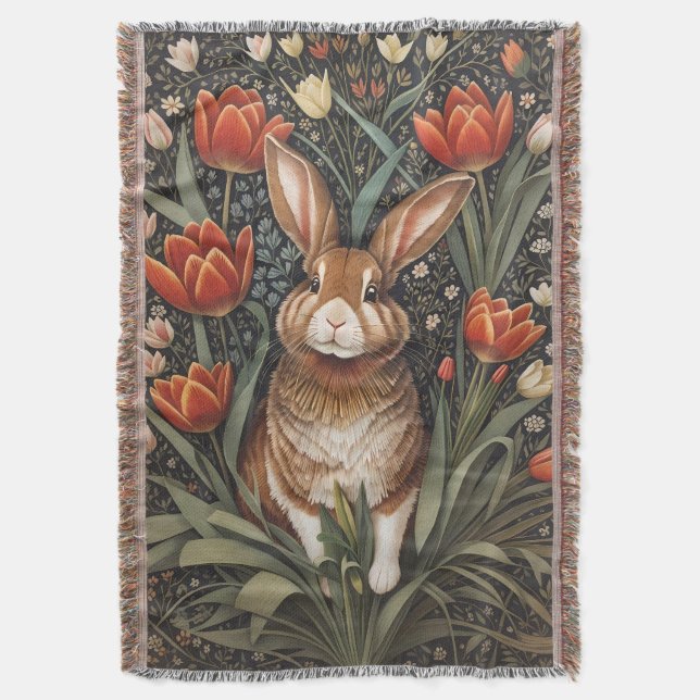 Cobertor Rabbit vermelho Tulipas William Morris inspiradas (Frente Vertical)