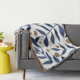 Cobertor Ramais e bagas de aquarelas - índigo e bege
