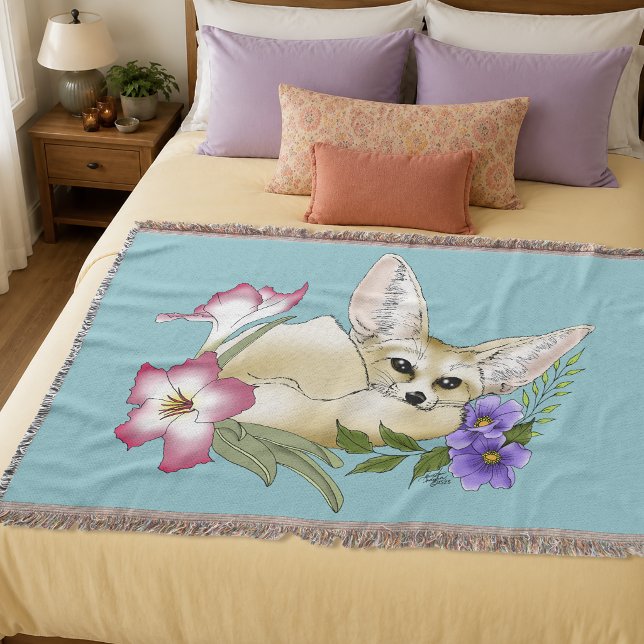 Cobertor Raposa Fennec Flores Rosa Roxo Fofo Botânico Azul (Criador carregado)