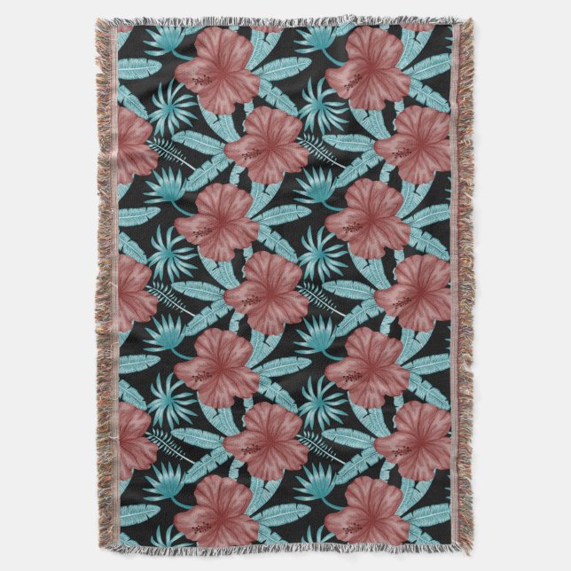 Cobertor Red flowers tropical seamless pattern &blue leaves (Frente Vertical)