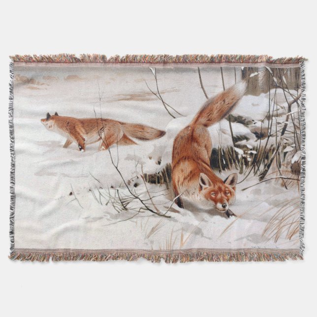 Cobertor Red Foxes in the Winter Snow (by Wilhelm Kuhnert) (Frente)