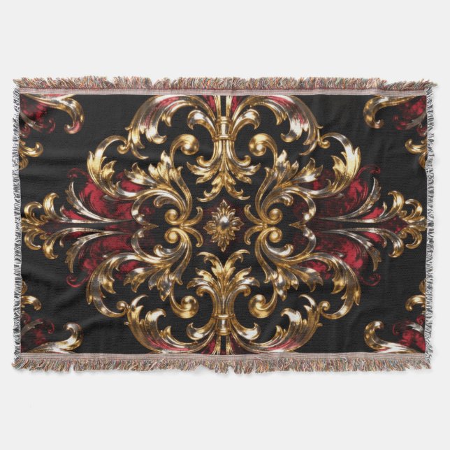 Cobertor Regal Noir Pattern | Gold Scrollwork & Crimson (Frente)