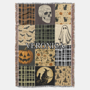 Cobertor Remendo Vintage Halloween Patchwork Outono Nome Pe