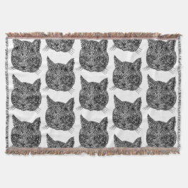 Cobertor Retrato Ornamental de Gato Negro e Branco