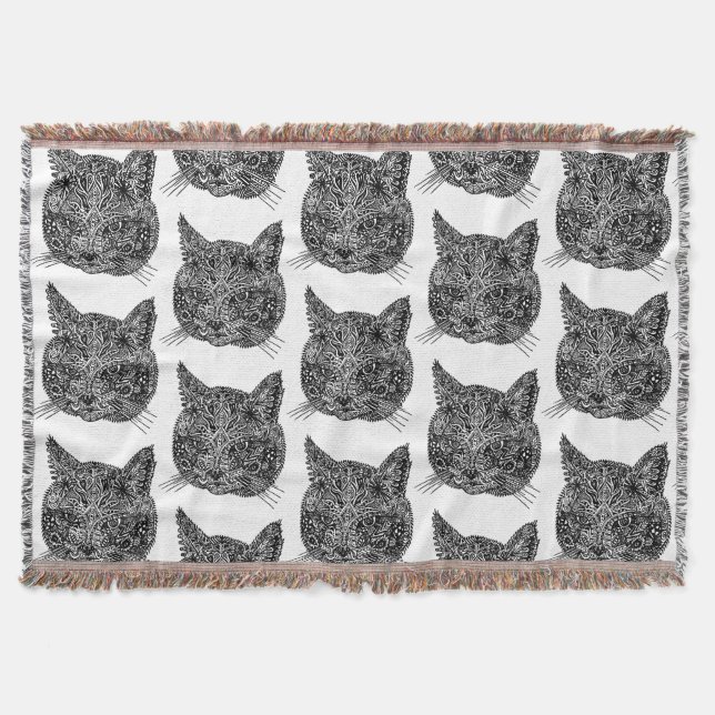 Cobertor Retrato Ornamental de Gato Negro e Branco (Frente)