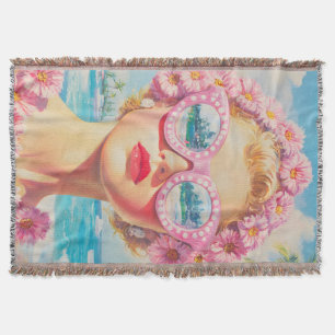 Cobertor Retro Beach Girl com óculos de sol florais