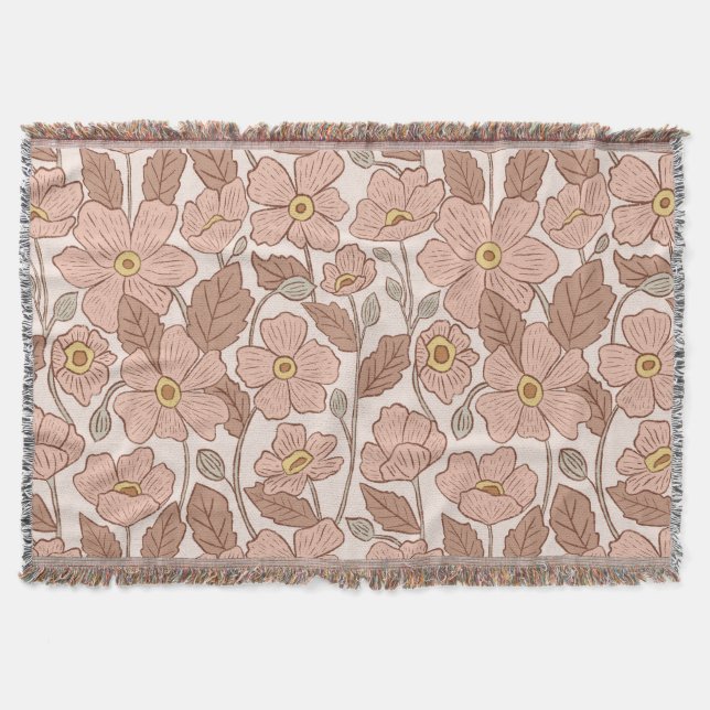 Cobertor Retro Boho Rosa Ilustrado Floral Botânico  (Frente)
