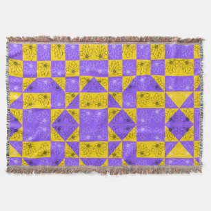 Cobertor Retro Boho Roxo & Amarelo Xadrez de Margaridas