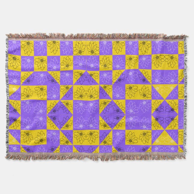 Cobertor Retro Boho Roxo & Amarelo Xadrez de Margaridas (Frente)