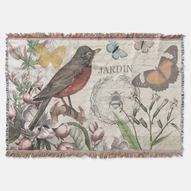 Cobertor Robin Elegant Bird Butterfly Arte Francesa (Frente)