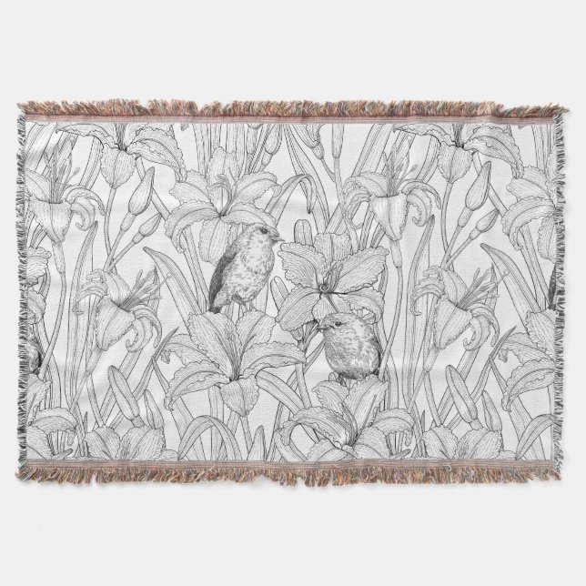 Cobertor Robins e flores, preto e branco (Frente)