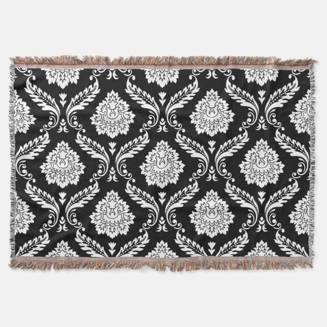 Cobertor Rococó Damask Grande Padrão Branco no Preto (Frente)