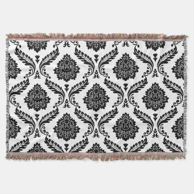 Cobertor Rococó Damask Grande Padrão Preto no Branco (Frente)