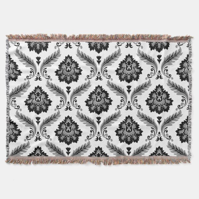 Cobertor Rococo Damask Pattern Grey Black White (Frente)
