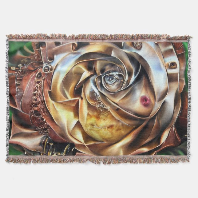 Cobertor Rosa Steampunk com Face Surreal - Flor Mecânico (Frente)