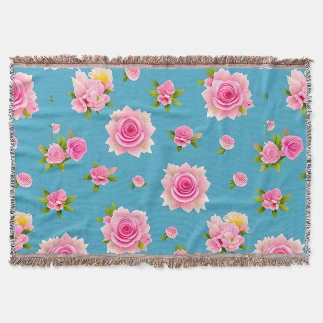 Cobertor Rosas Cor-de-Rosa em um Fundo Azul (Frente)