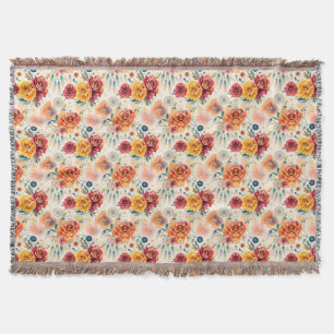 Cobertor Rosas de vindima de boho e penas, padrão floral
